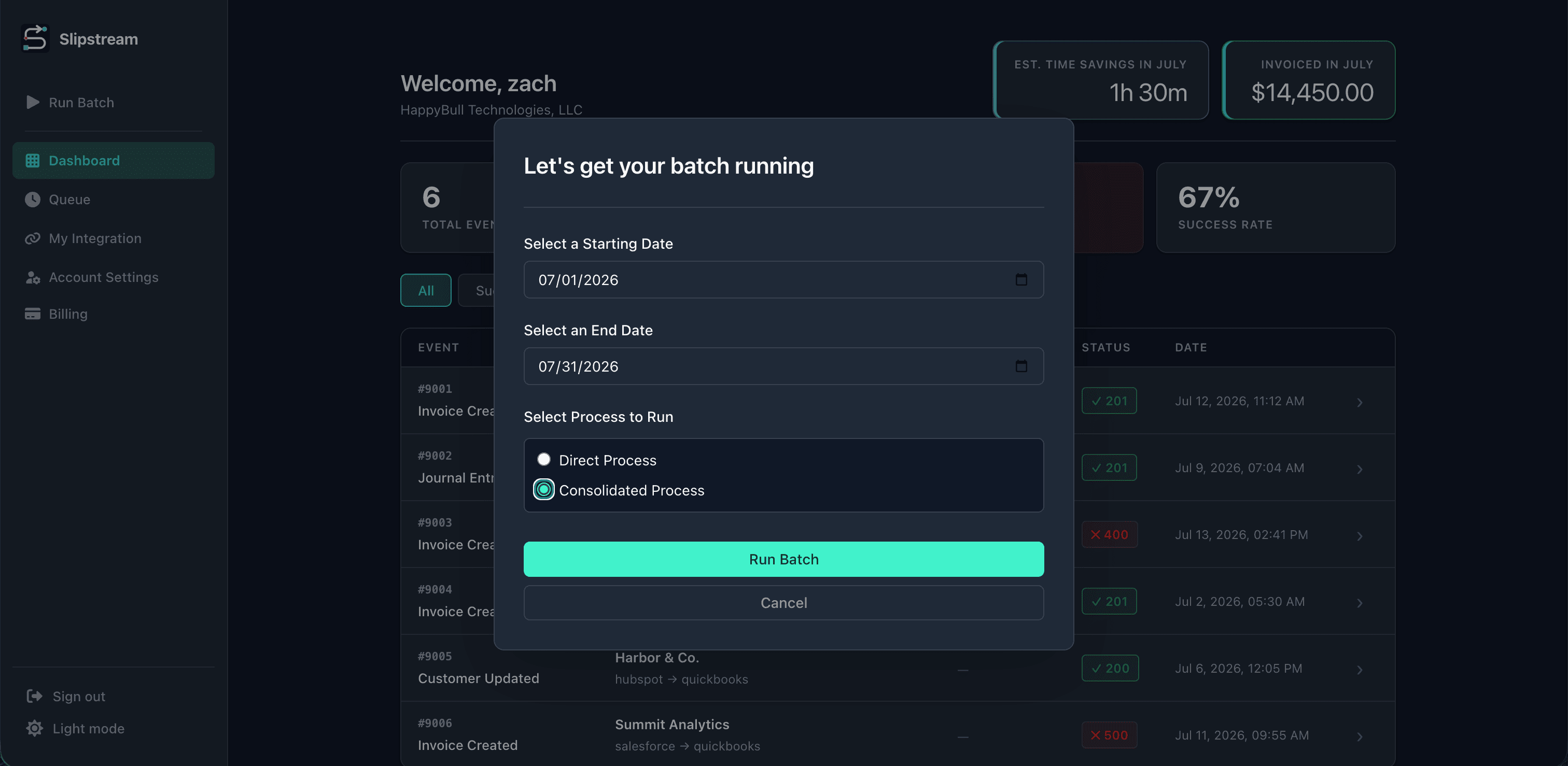 Slipstream run batch dialog with date range and consolidated process selected for reseller invoicing