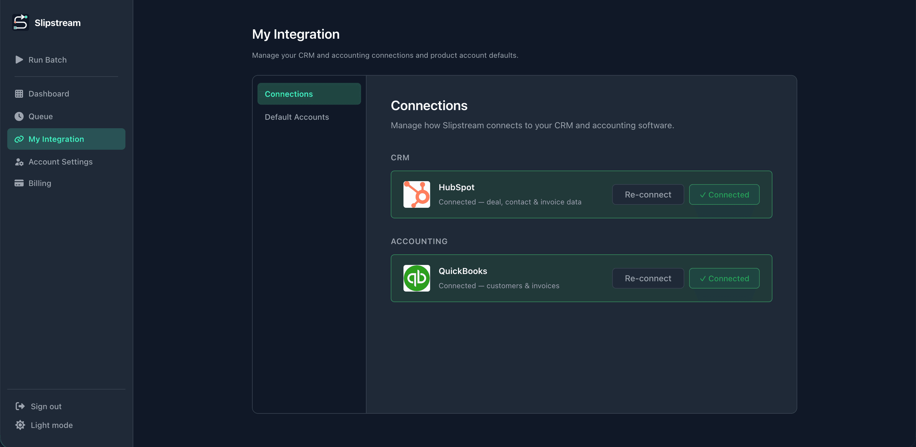 Slipstream integrations settings showing HubSpot and QuickBooks connections marked as connected