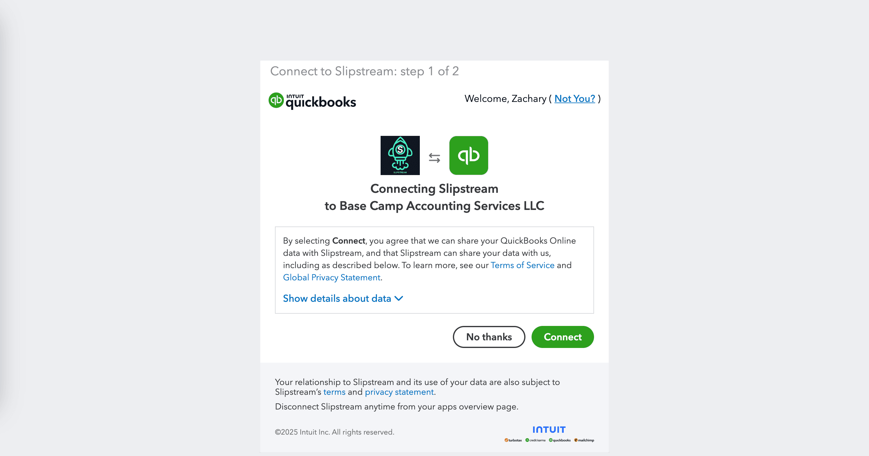 Accept QuickBooks permissions