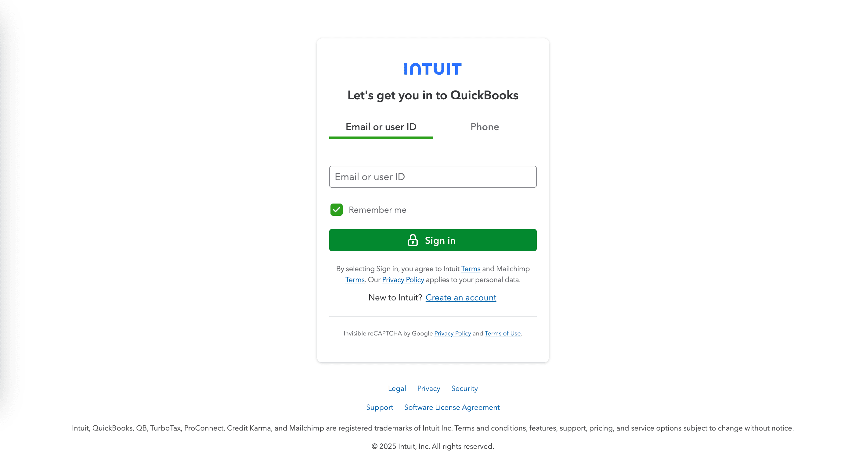 QuickBooks login page